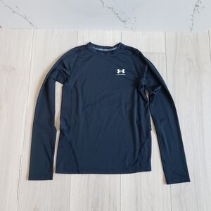 Under Armour Shirt Boys L Black Heatgear Fitted Long Sleeve Crew Neck